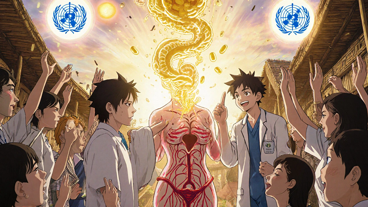 A medical team in a village stops postpartum bleeding as golden waves clamp uterine blood vessels.