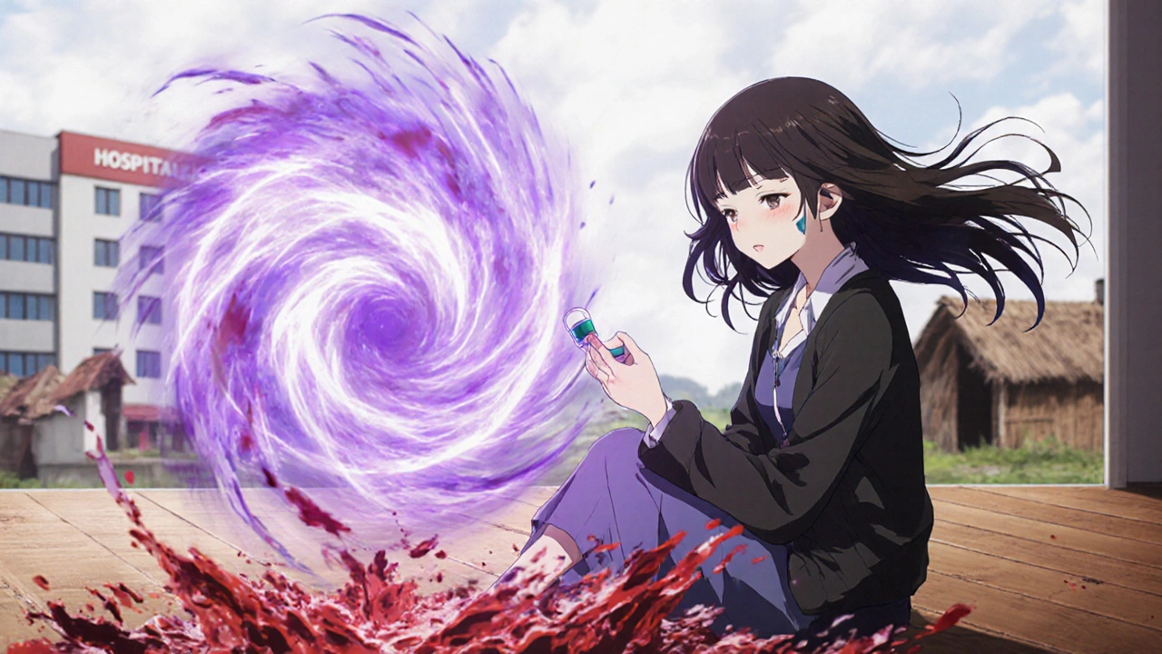 A woman at home experiences powerful contractions from misoprostol, energy radiating around her.