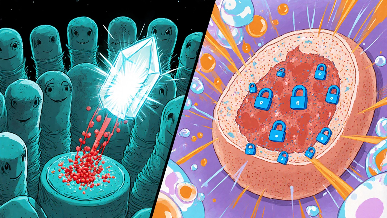 Anime kidney tubule shows indapamide blocking sodium; muscle cell with sealed calcium channels and nitric‑oxide bubbles.