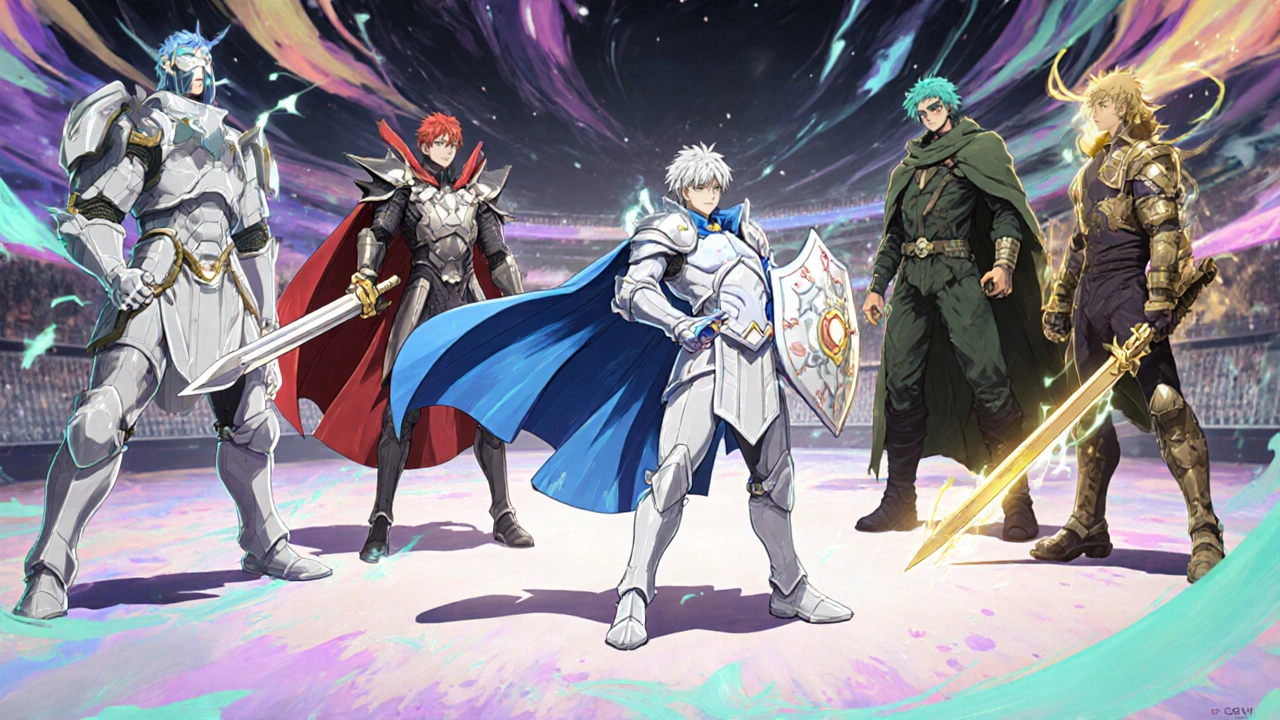 Anime-style antibiotic characters battling in an arena, each representing a different drug.