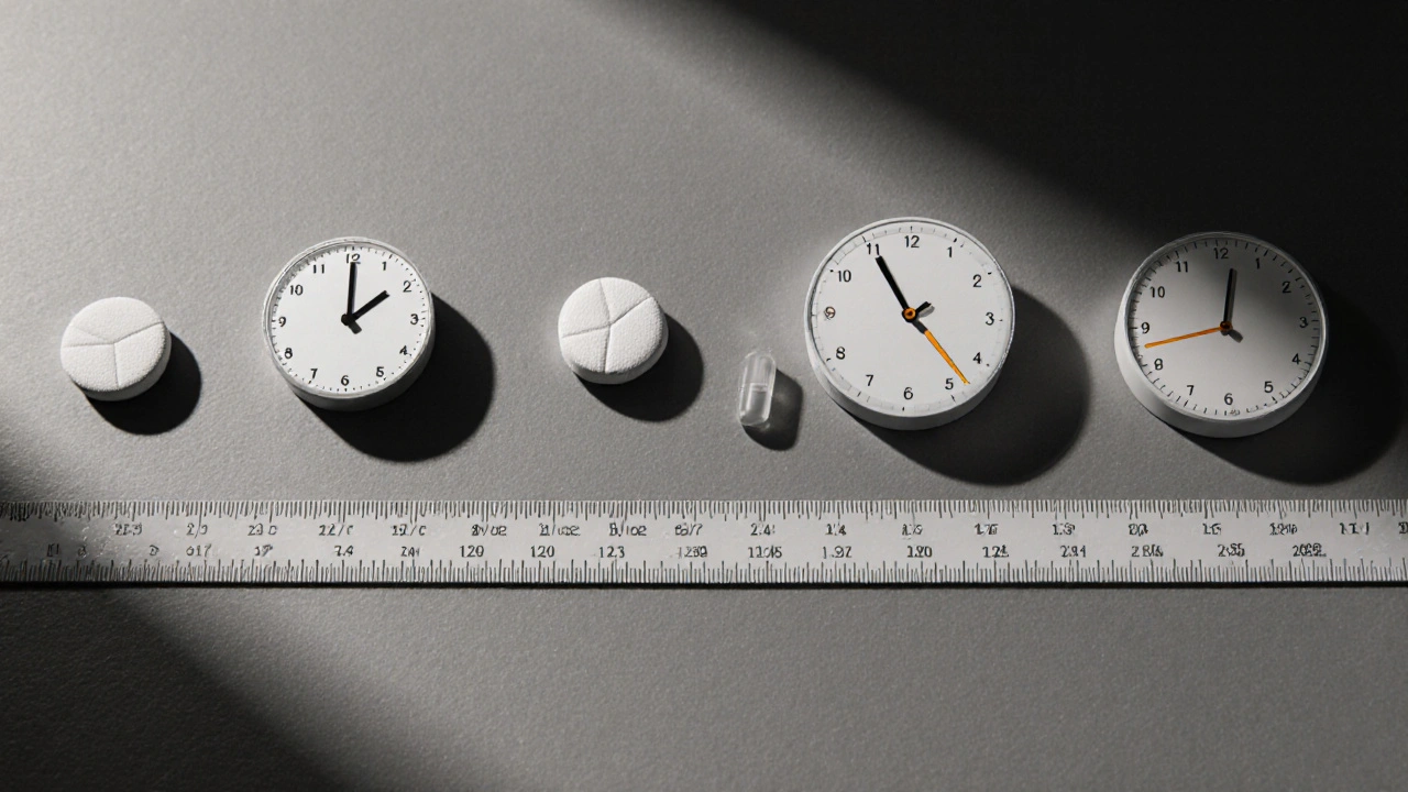 Array of ED medication tablets with clocks showing onset and duration, in grayscale.