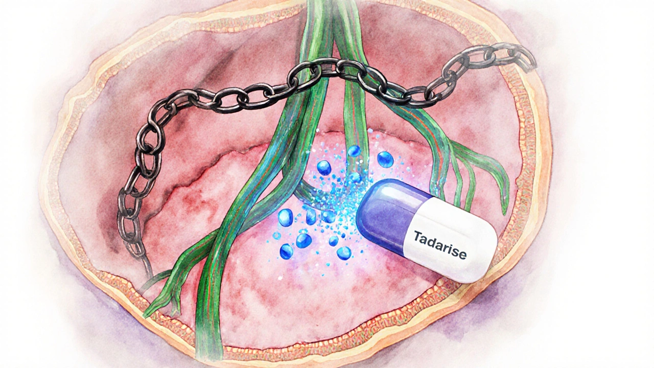 Artistic view of bloodstream showing Tadarise blocking PDE5, allowing cGMP flow in penile tissue.