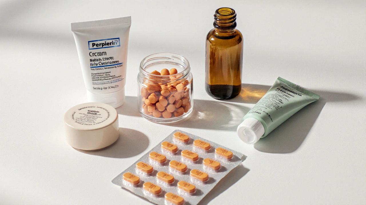 Assortment of scabies treatment containers arranged on a white surface.