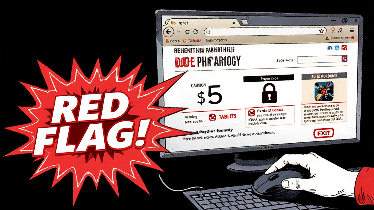 Comic‑style illustration of a shady website with red‑flag warnings and low price.