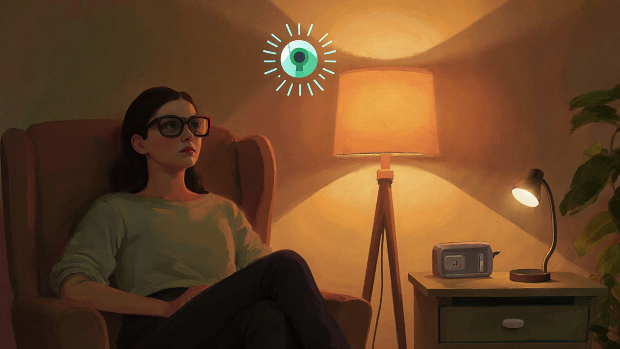 Cozy room with warm lighting; person uses photochromic glasses and dimmer, symbolizing comfort for keratoconus.