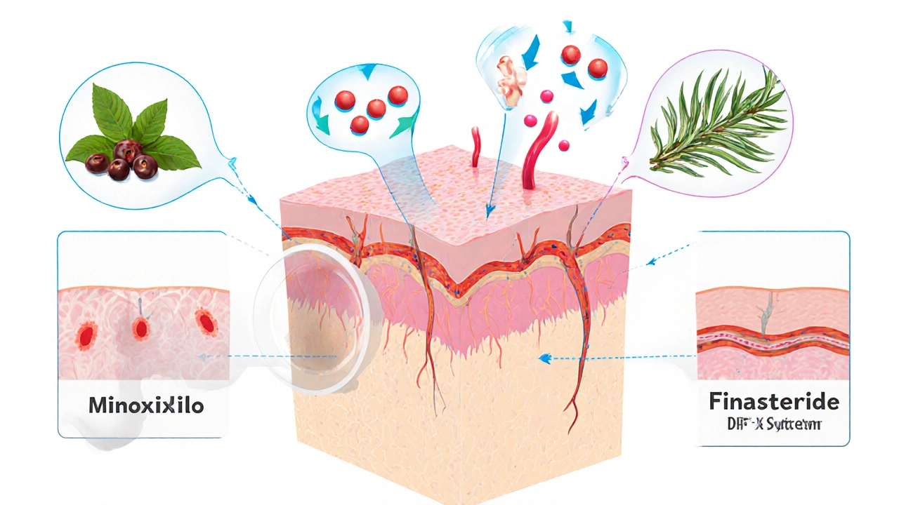 Cross‑section scalp illustration showing inflammation, DHT, and herbal ingredients blocking hair loss pathways.