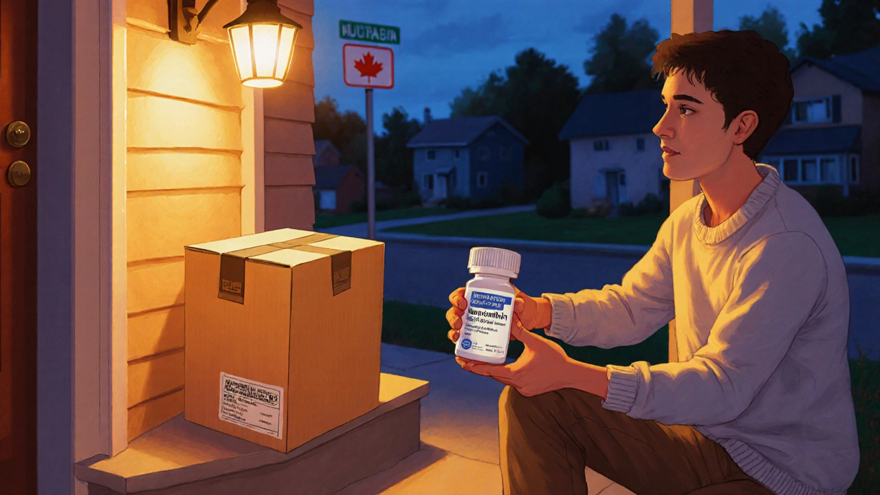 Customer receiving a sealed box of generic Neurontin at a doorstep at dusk.