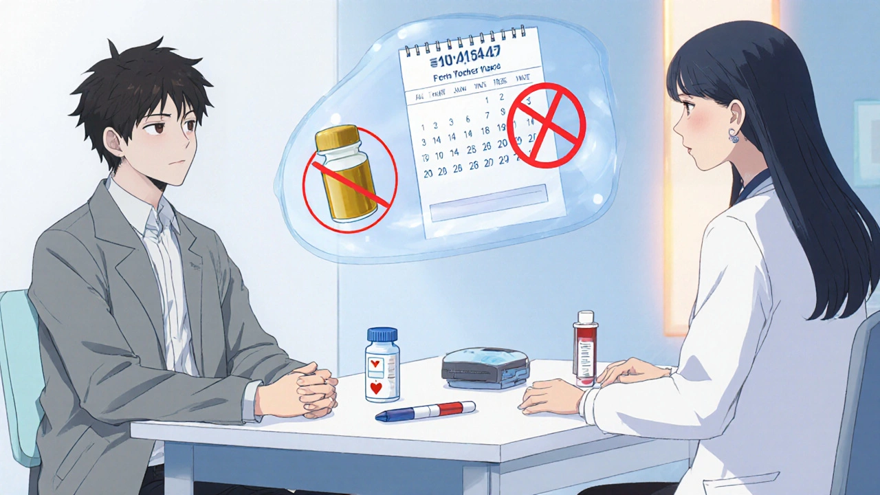 Doctor and patient discuss goldenseal avoidance, with a 14‑day calendar and safety icons.