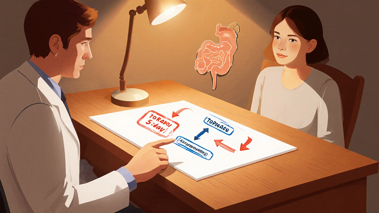 Doctor and patient discussing a step‑down pain relief plan with visual arrows.