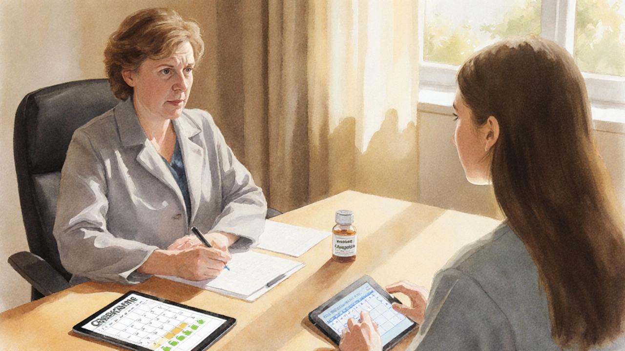 Doctor consulting a patient with calendar and medication bottles, painted in warm watercolor.