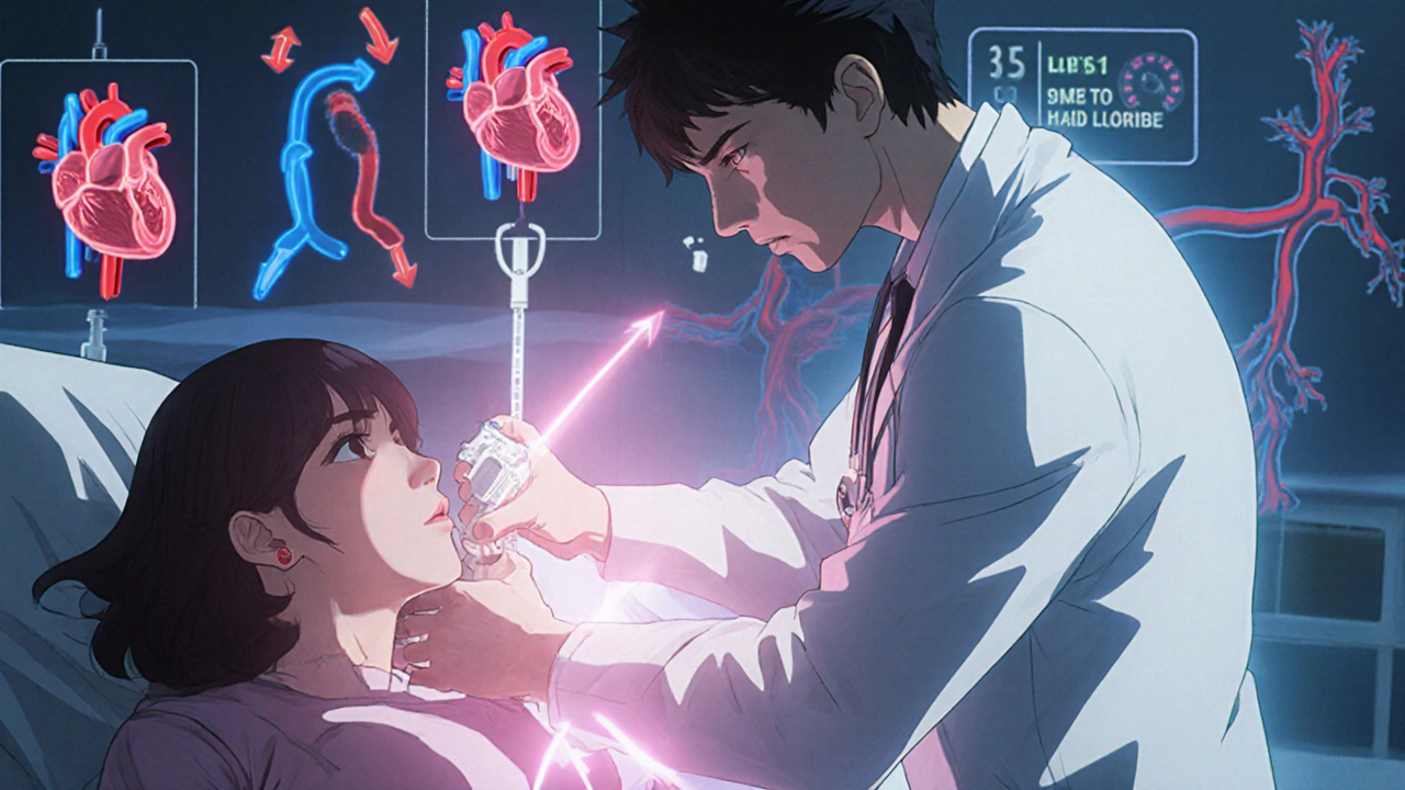 Doctor gives IV Labetalol to pregnant patient, with heart and vessel diagrams.