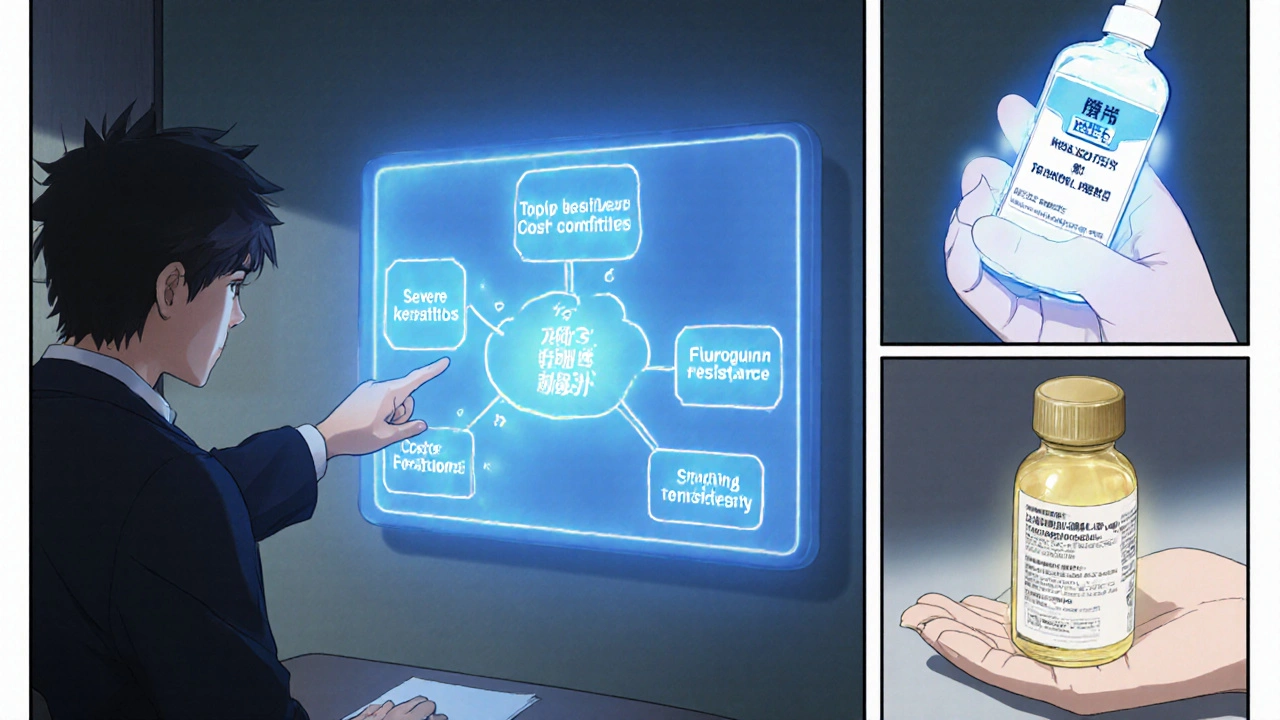 Doctor shows a holographic decision tree; patient selects Besivance or tobramycin based on condition.