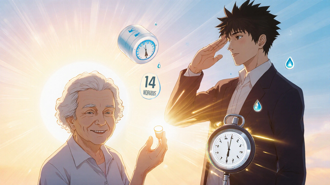 Elderly person holds glowing indapamide tablet as blood pressure drops, sunrise in background.