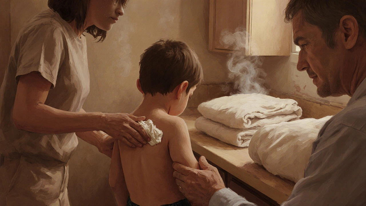 Family washing bedding and applying cream, emphasizing hygiene.