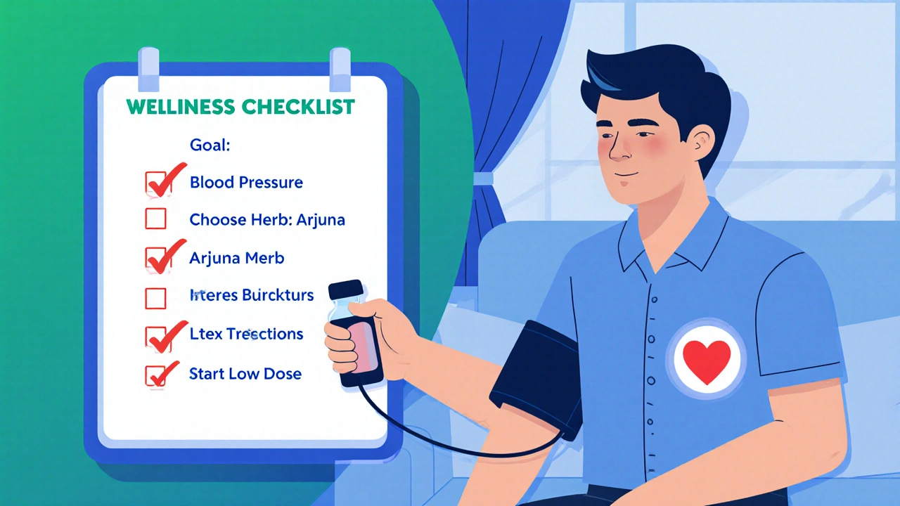 Flat illustration of a person checking blood pressure and a supplement checklist.