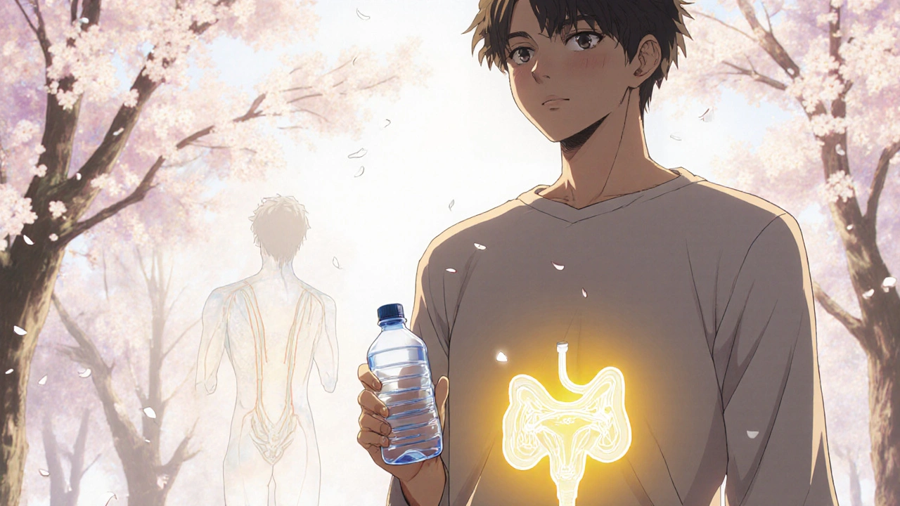Former smoker drinking water, glowing abdomen calm, standing in sunny park with cherry blossoms.