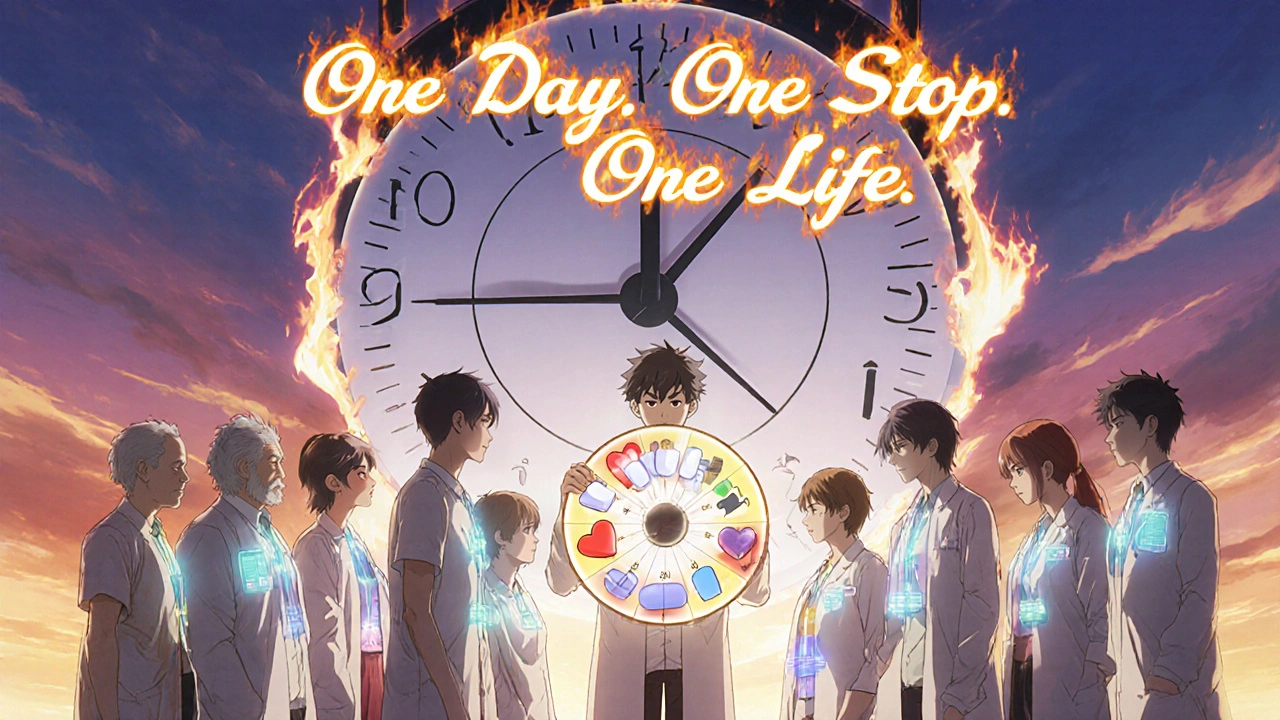 Group of patients around a pharmacist holding a glowing pill wheel with improving vital signs.