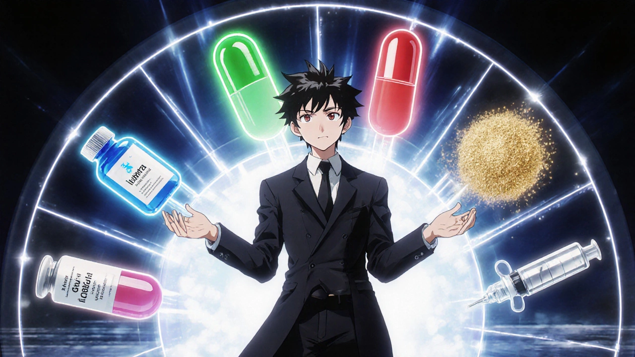 Hero surrounded by floating icons of various ED treatments, contemplating choices.