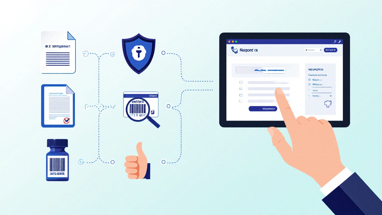 Illustrated checklist showing steps to safely purchase generic Neurontin online.