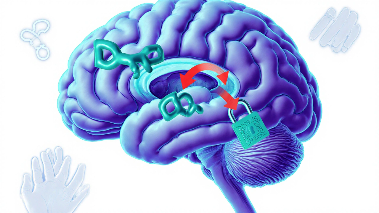 Illustration of dopamine binding to pituitary D2 receptors, showing reduced prolactin flow.