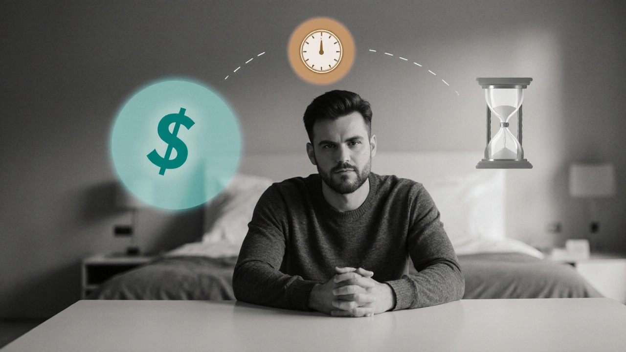 Man pondering medication choices with subtle icons for cost, speed, and duration, in grayscale.