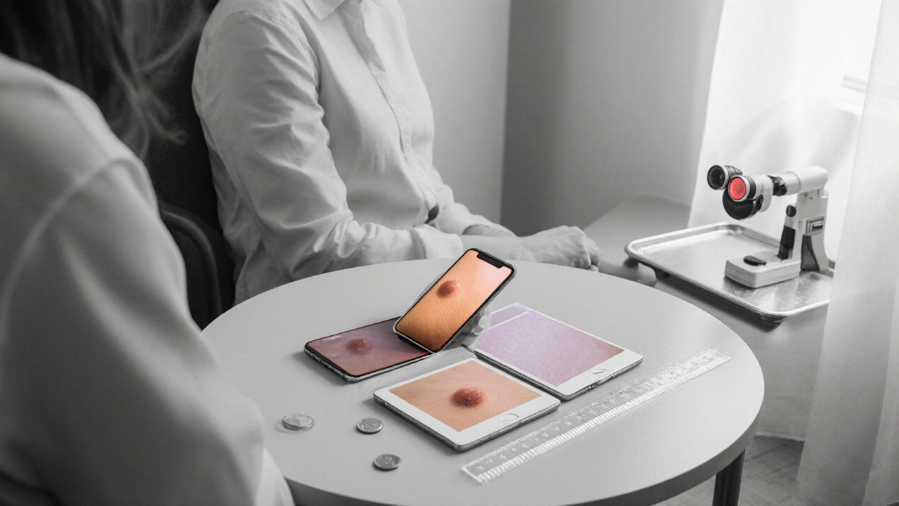 Patient arranging smartphone photos of a skin lesion with ruler and coin on a table, grayscale with faint amber screen glow.