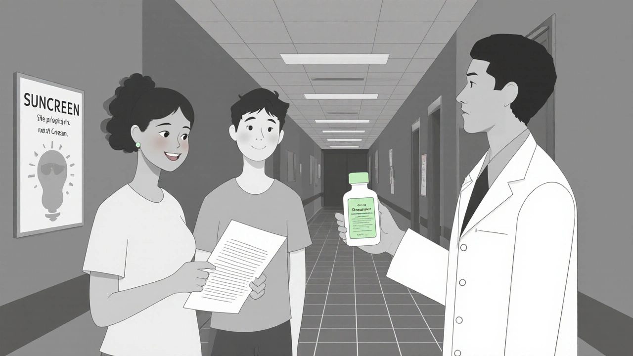 Patient, friend, and dermatologist discussing treatment, holding notes and cream, grayscale with a pastel green label.