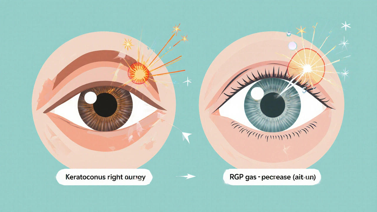 Patient wearing a rigid gas-permeable lens; light rays illustrate reduced halos on a keratoconus eye.