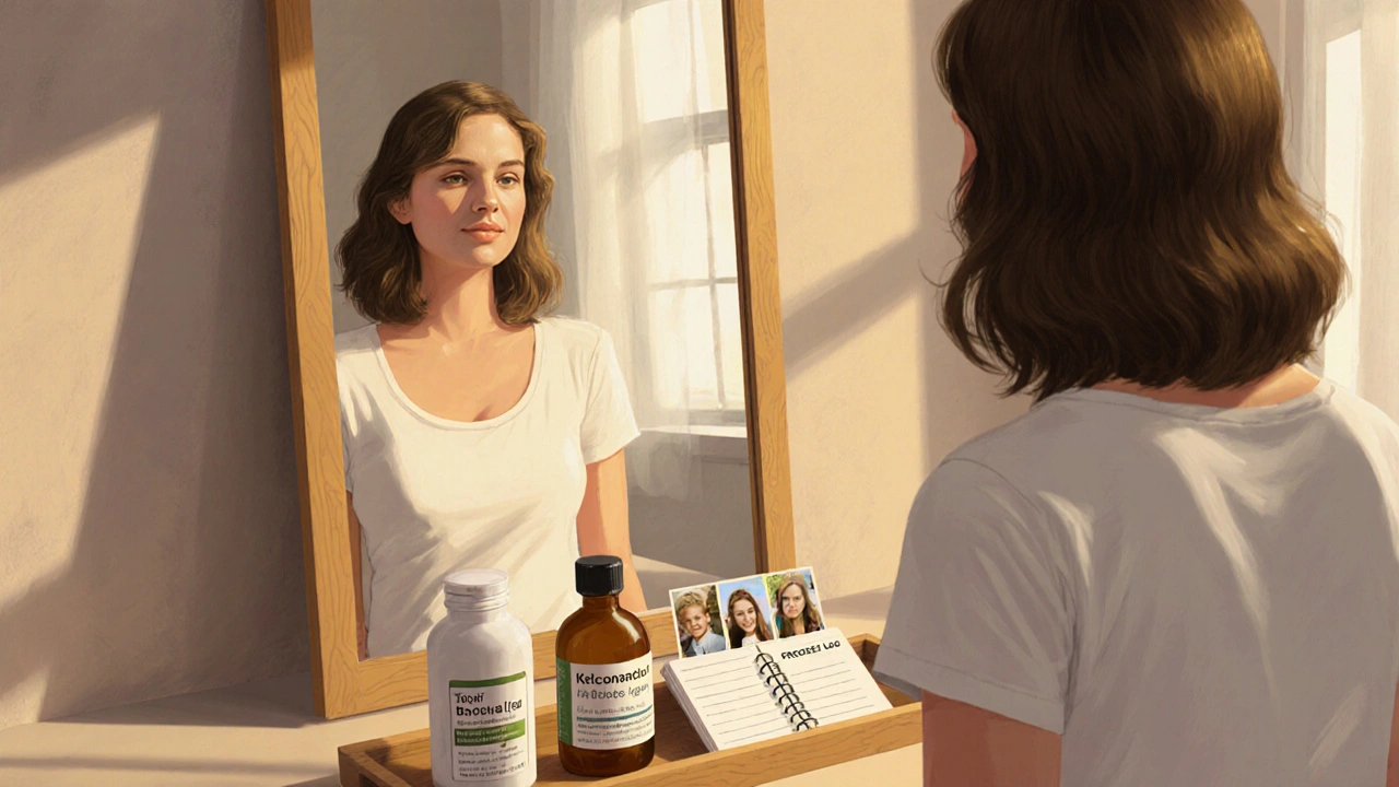 Person looking in mirror, half hair thin, half thick, with herbal cream and shampoo on a tray beside a progress log.