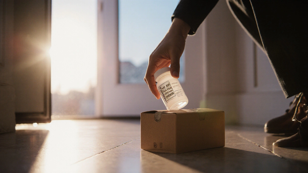 Person opening a discreet box to reveal a white pill bottle of tamoxifen.