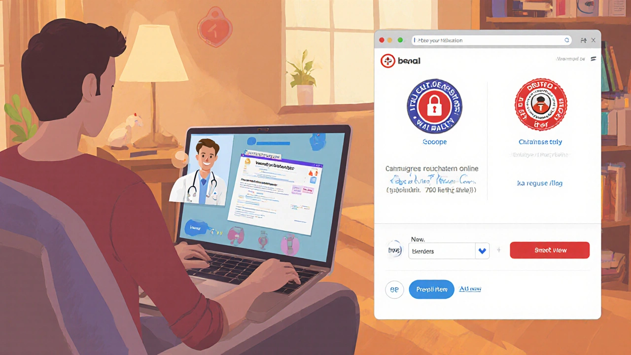 Person using telehealth on a laptop, showing an electronic prescription and pharmacy site.