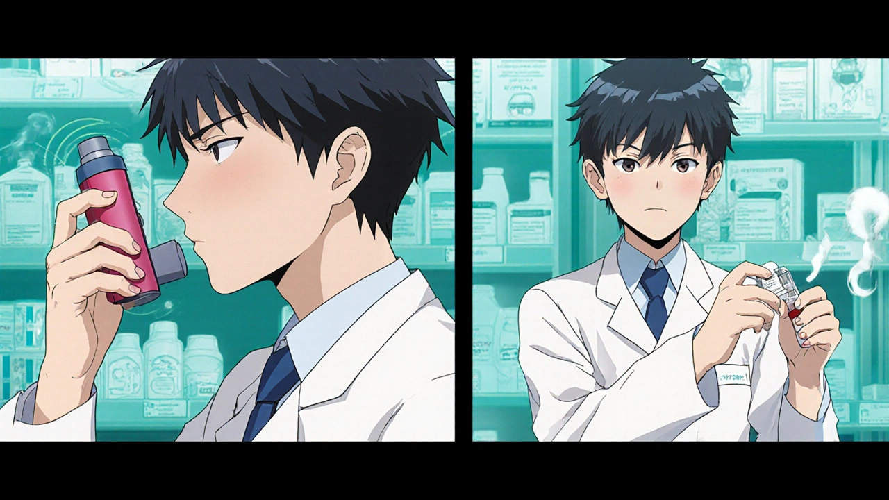 Pharmacist teaches hero the Tiova rotating‑cap technique beside a Handihaler.