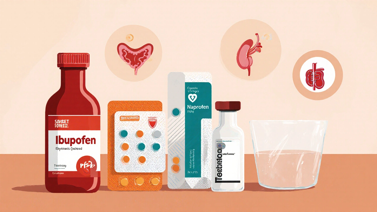 Pharmacy counter with bottles of ibuprofen, naproxen, celecoxib, acetaminophen, and ketorolac.