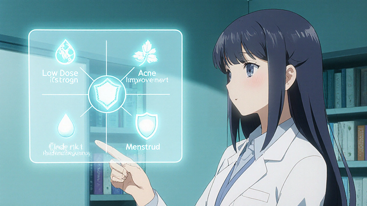 Protagonist consults doctor in a clinic, holographic chart shows key pill factors.