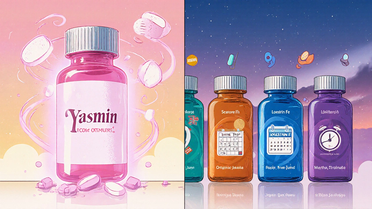 Side‑by‑side anime style comparison of Yasmin pill and other contraceptive bottles with icons.