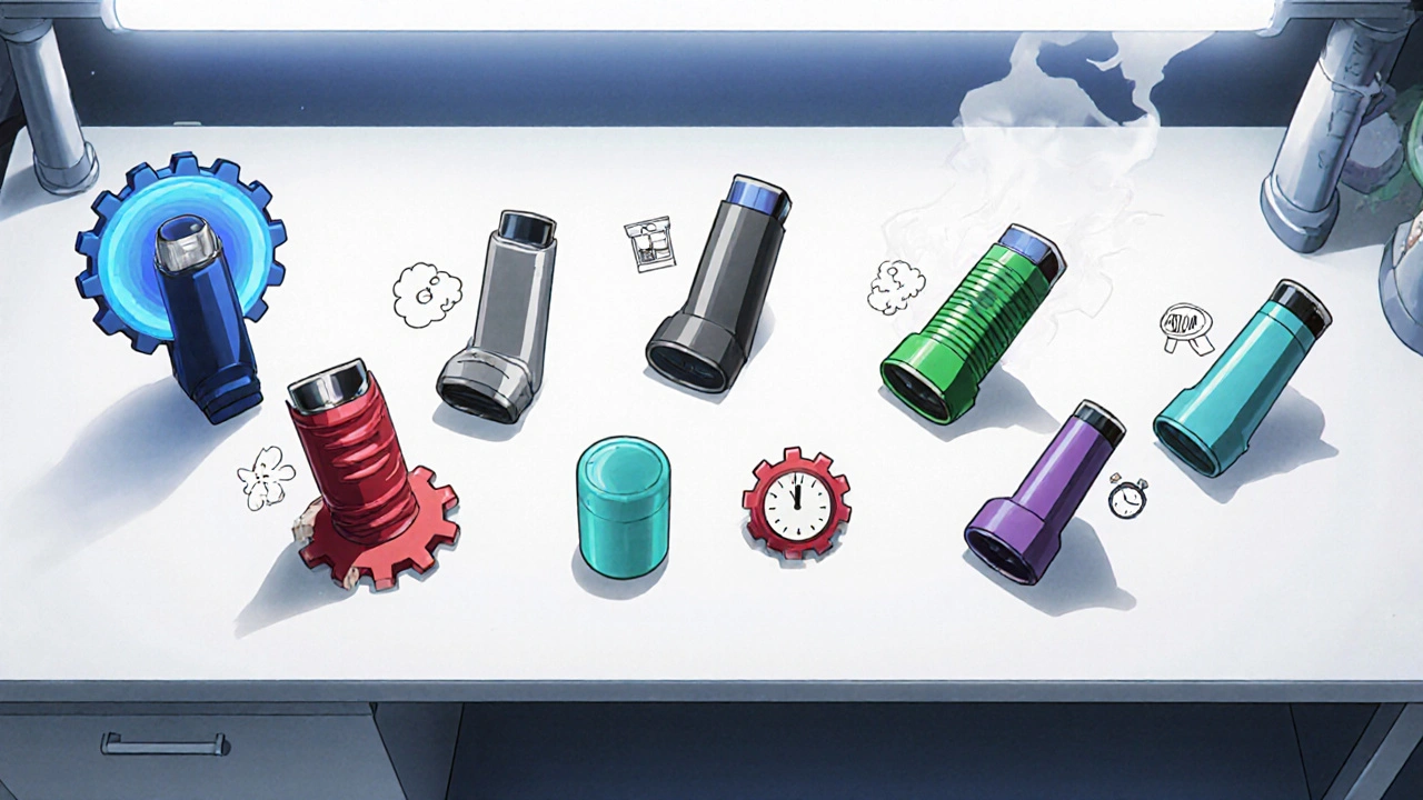 Six inhalers displayed as colorful characters on a lab bench with visual cues.
