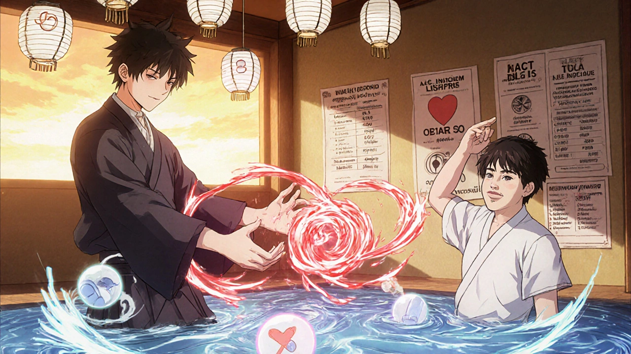 Students in a medical dojo redirecting heart energy, switching from one medication to another with glowing orbs.