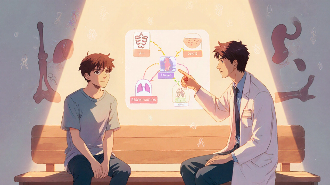 Teen patient and doctor reviewing a holographic antibiotic decision flowchart.