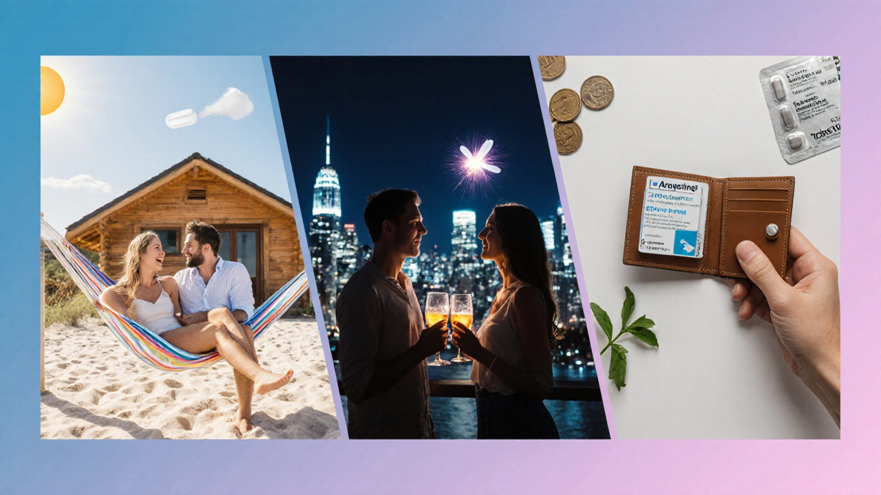 Three side‑by‑side scenes: beach weekend with Tadarise, city date night with Stendra, and wallet with generic pills and L‑arginine leaves.