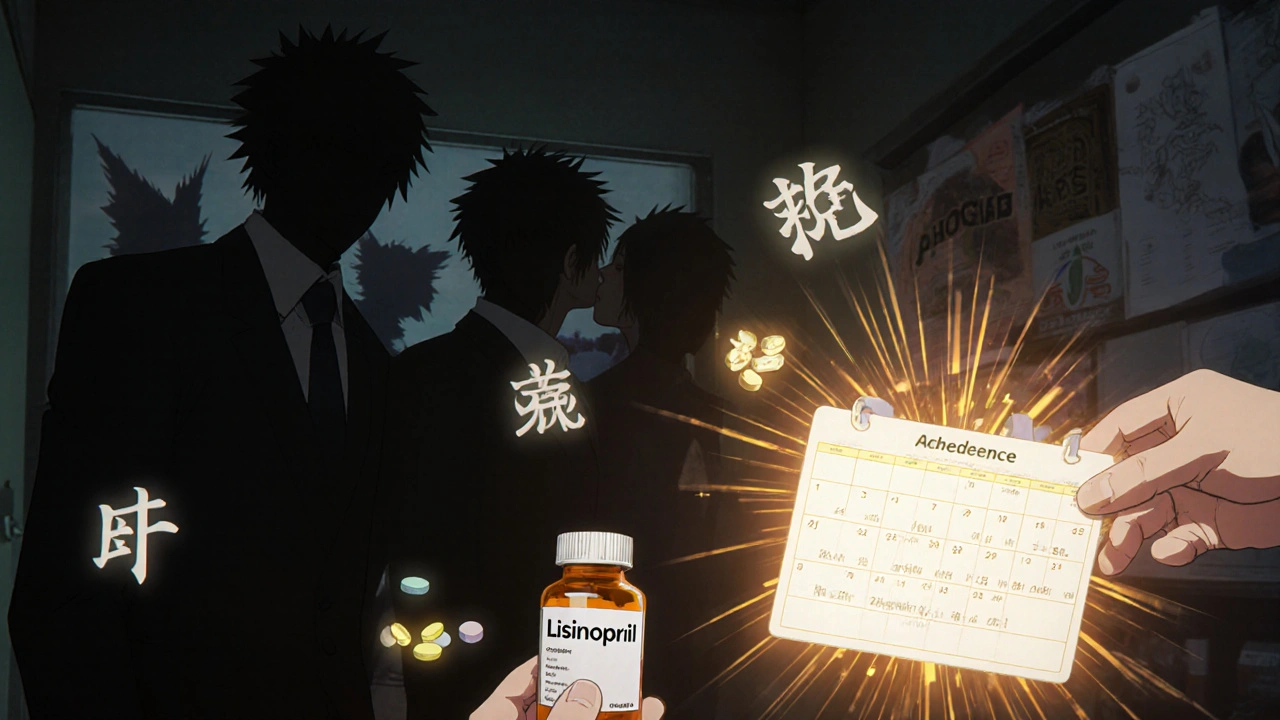 Trembling hand reaching for empty pill bottle as shadowy missed doses fade into a glowing organizer.