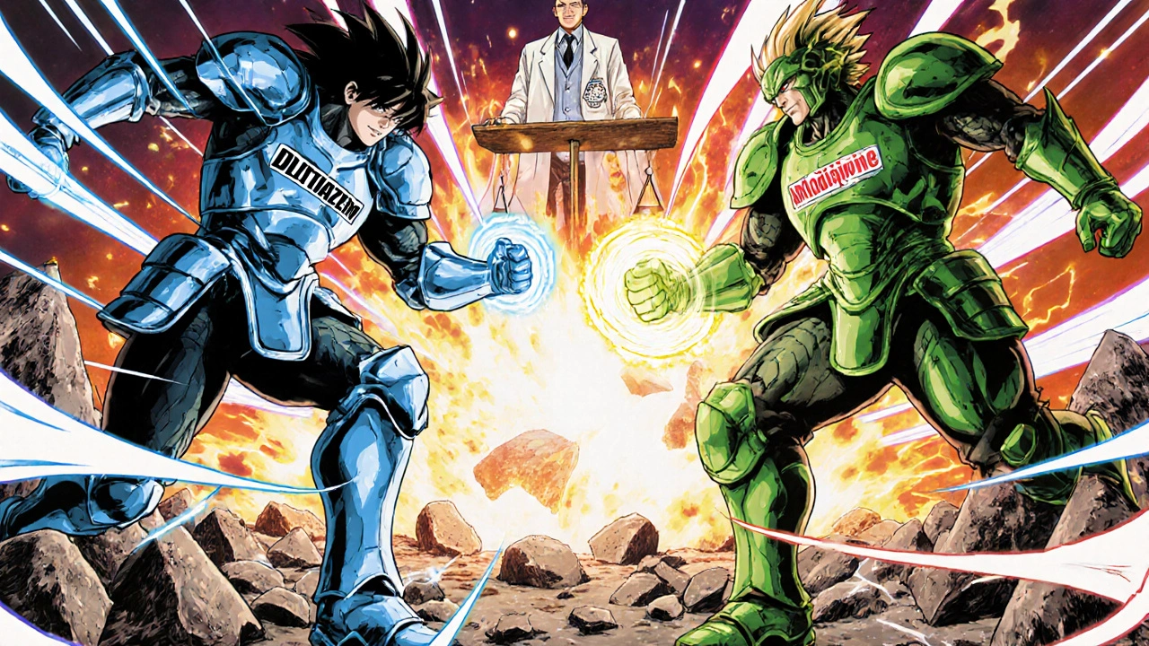 Two heart warrior characters in armor battle, one weakened by side effects, the other strong and steady.