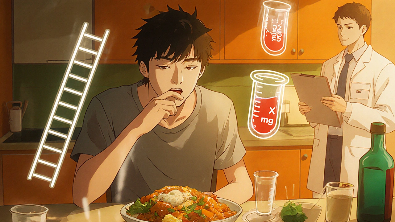 Young man taking a pill with a meal, surrounded by dosage and lab test icons.