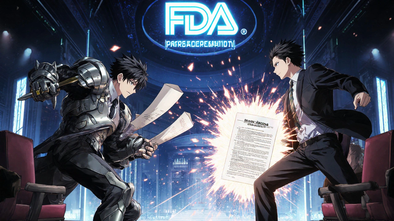 A courtroom battle between a pharmaceutical corporation and a generic drug company, with legal documents exploding into data streams.