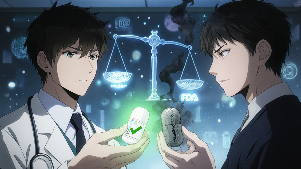 A doctor holds two pills—one safe and glowing, the other dangerous and smoky.