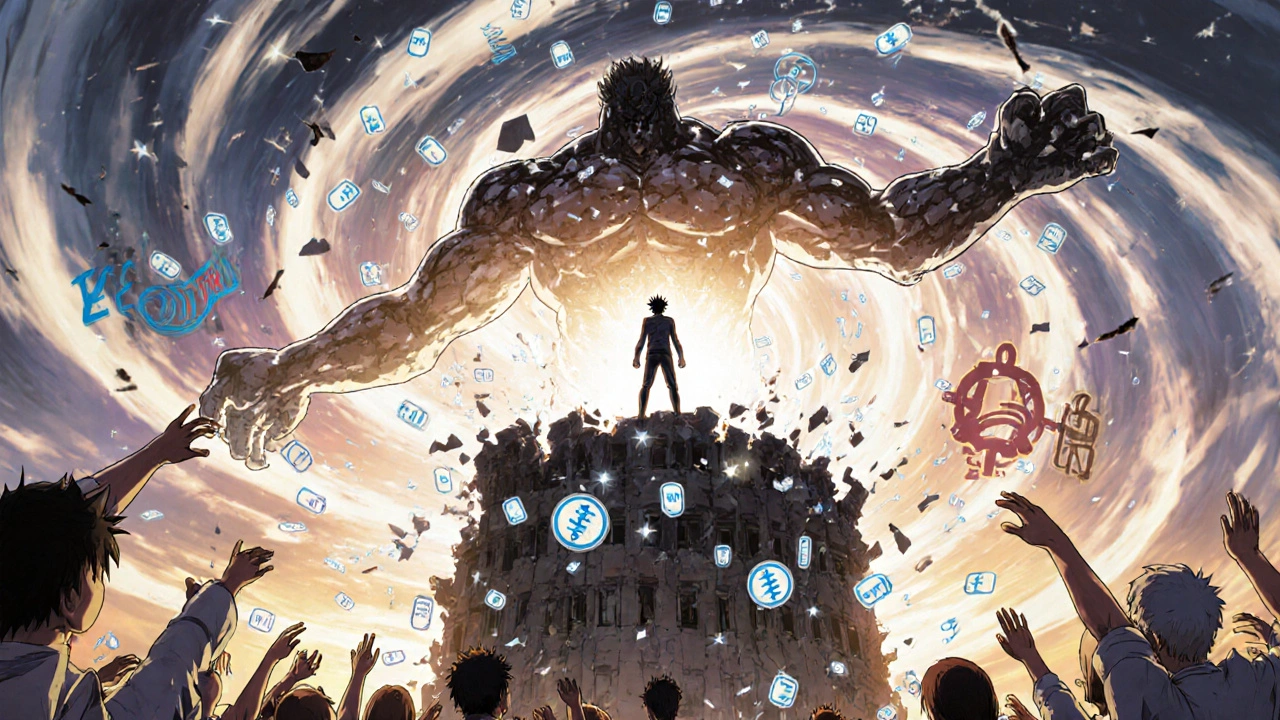 A generic challenger battles a patent monster atop a crumbling tower as prices plummet and patients reach for affordable medicine.