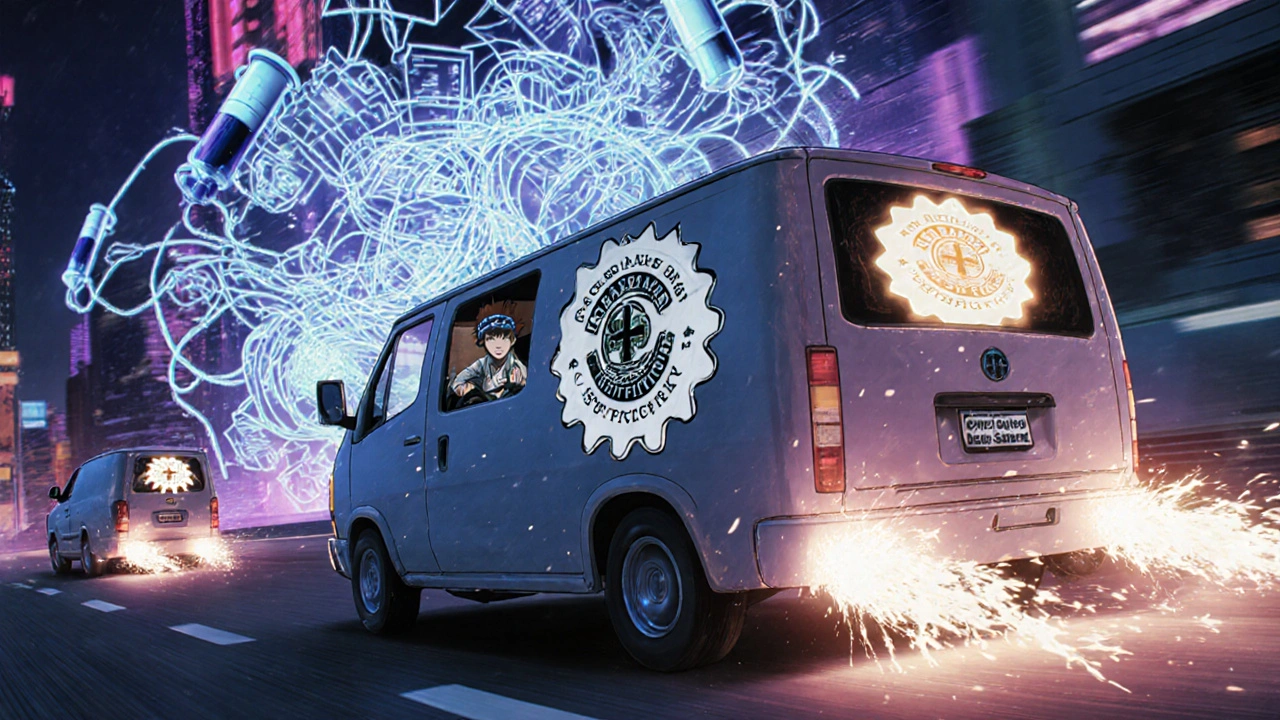 A generic drug van races through a neon city, chased by syringe-shaped drones while a Paragraph IV certification glows behind it.