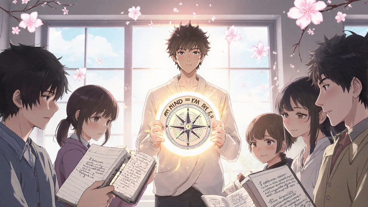 A group in therapy with journals showing changed thoughts, guided by a calm mentor holding a symbolic compass.