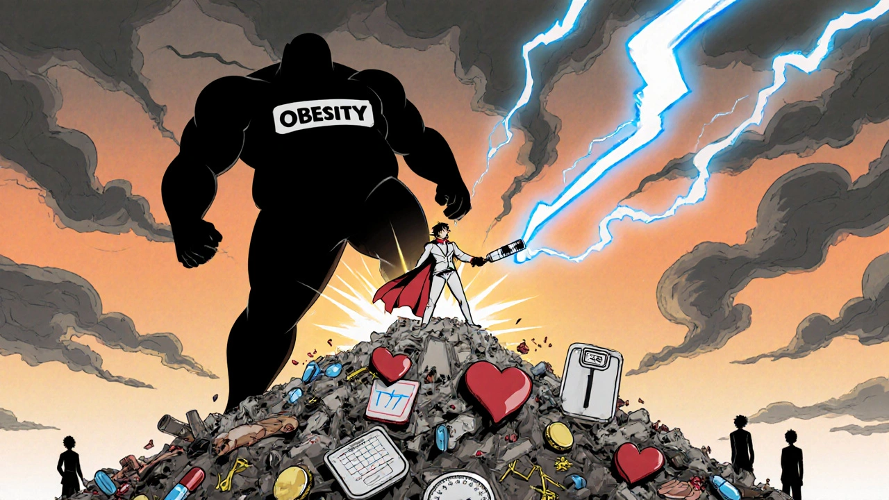 A heroic figure battling a shadowy obesity monster, standing on discarded diets, with medical symbols crumbling below as dawn breaks.