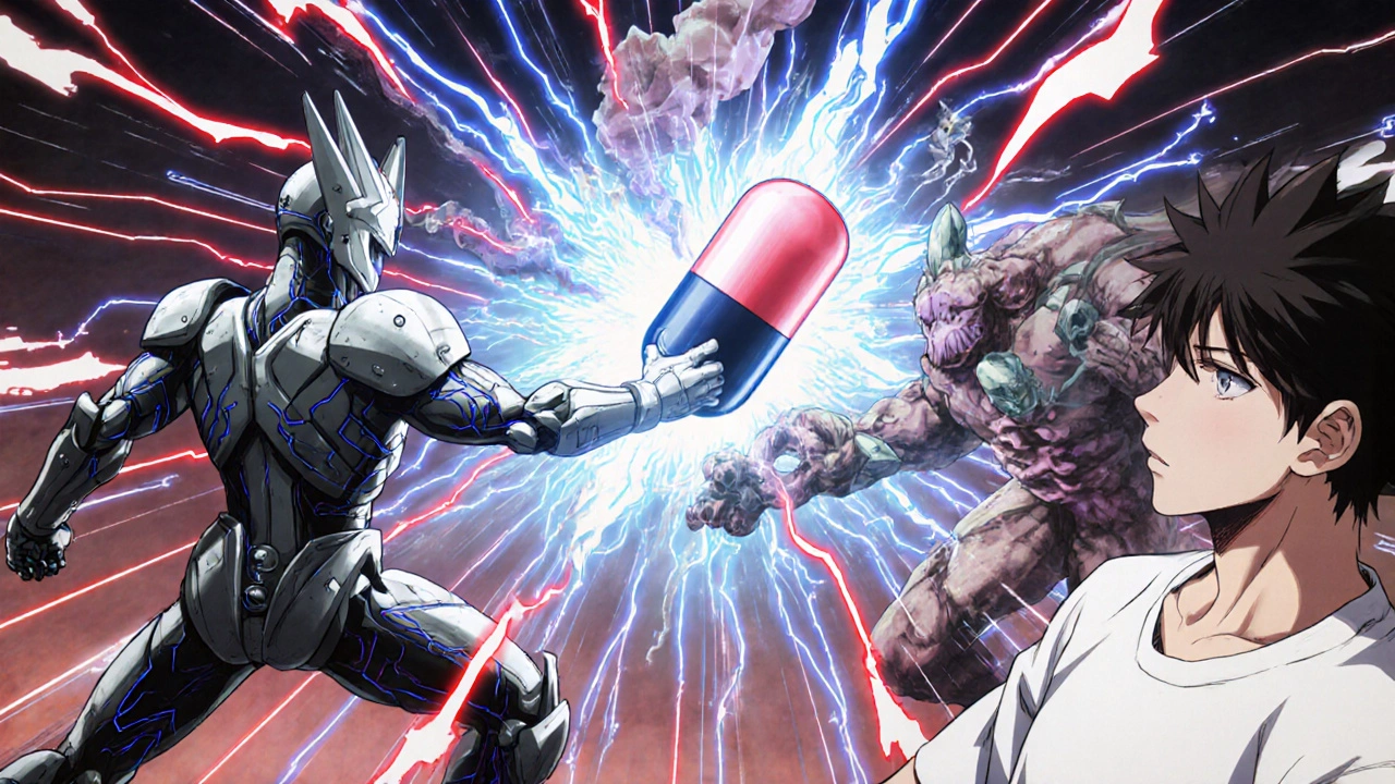 A heroic pill fights disease monsters inside a human body in a dramatic battle.