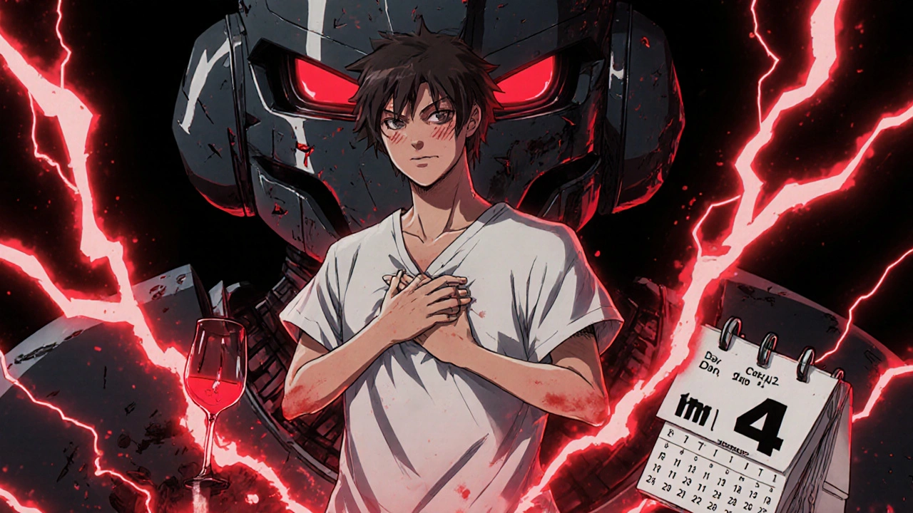 A man reacting to alcohol with glowing warning energy as a giant tablet watches over him.